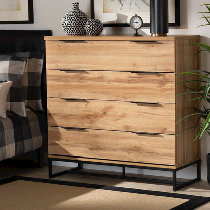 Reid Modern and Contemporary Industrial Oak Finished Wood and Black Metal 4-Drawer Dresser