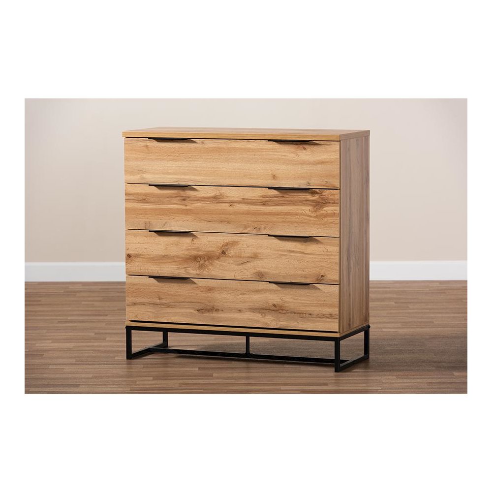 Reid Modern and Contemporary Industrial Oak Finished Wood and Black Metal 4-Drawer Dresser