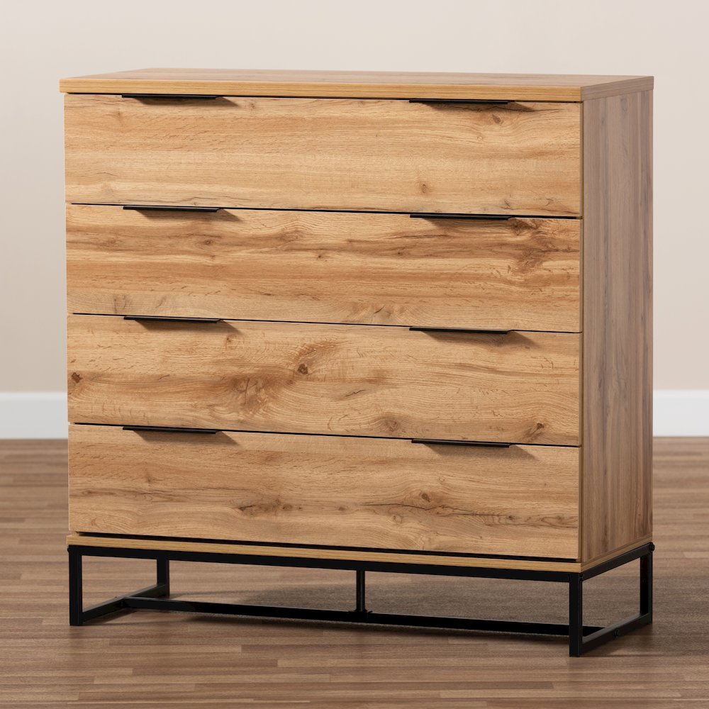 Reid Modern and Contemporary Industrial Oak Finished Wood and Black Metal 4-Drawer Dresser