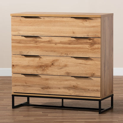 Reid Modern and Contemporary Industrial Oak Finished Wood and Black Metal 4-Drawer Dresser