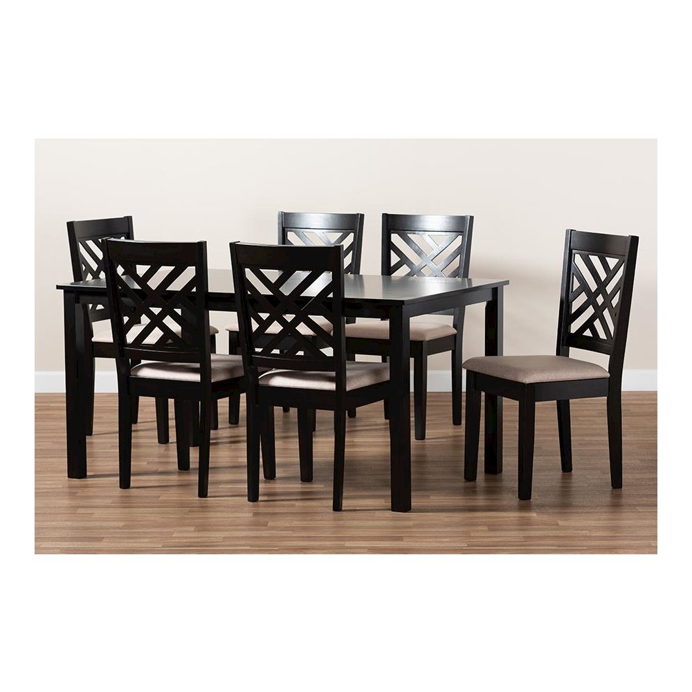 Sand Fabric Upholstered Espresso Brown Finished Wood 7-Piece Dining Set