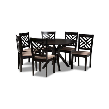 Sand Fabric Upholstered and Dark Brown Finished Wood 7-Piece Dining Set