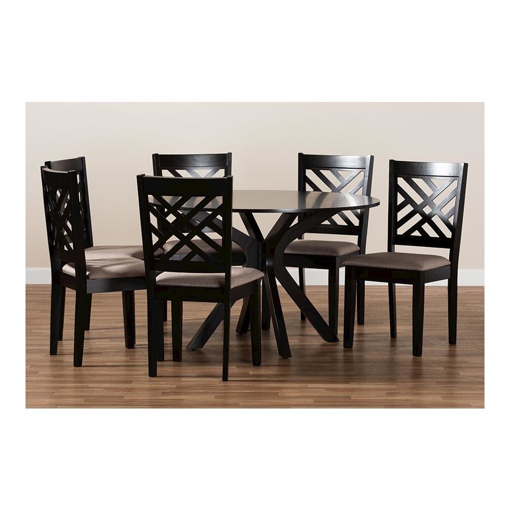 Sand Fabric Upholstered and Dark Brown Finished Wood 7-Piece Dining Set