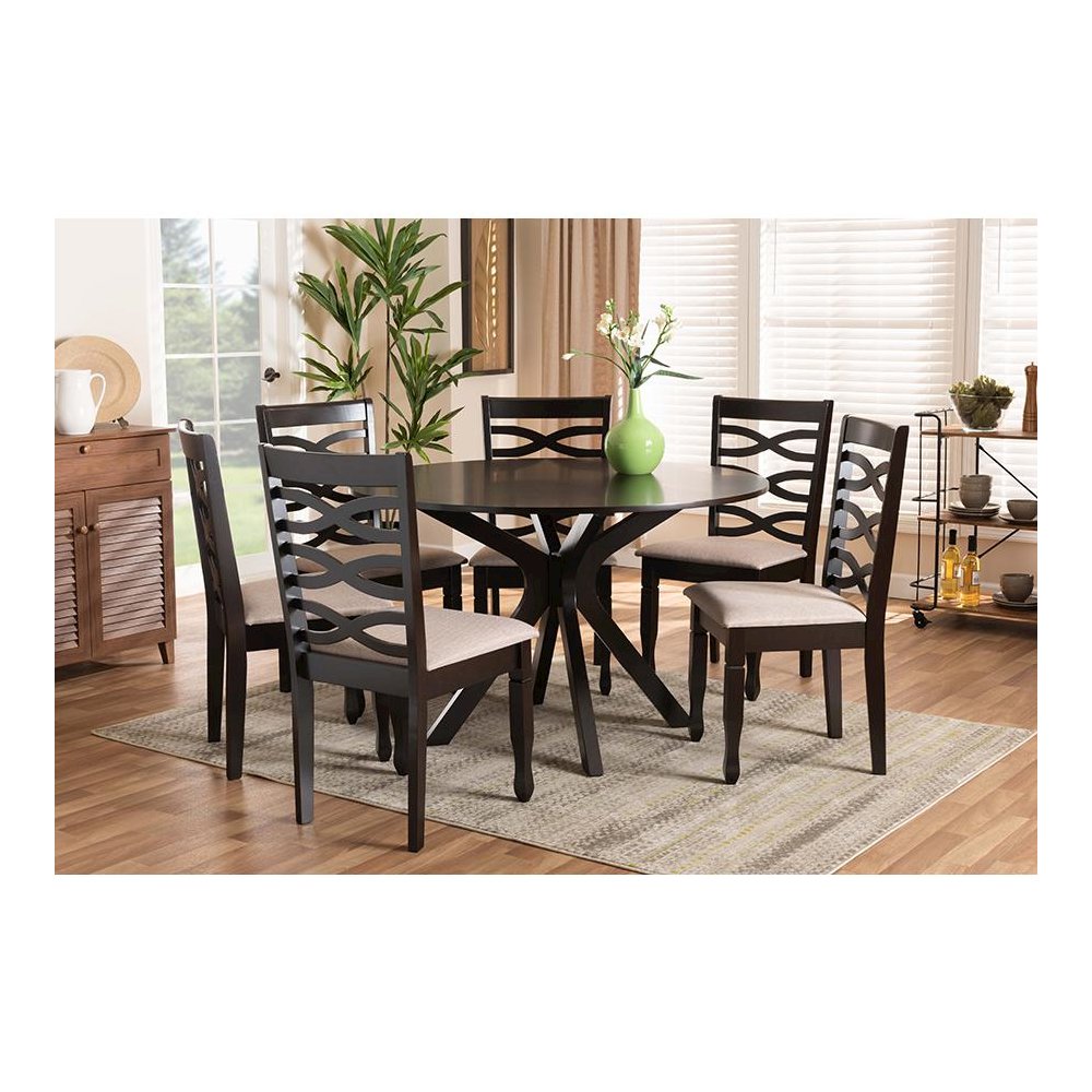 Sand Fabric Upholstered Dark Brown Finished Wood 7-Piece Dining Set