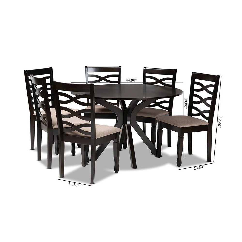 Sand Fabric Upholstered Dark Brown Finished Wood 7-Piece Dining Set