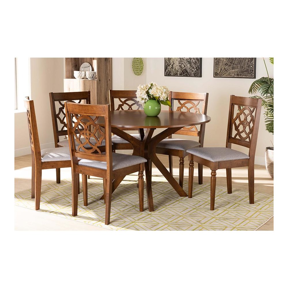Grey Fabric Upholstered and Walnut Brown Finished Wood 7-Piece Dining Set