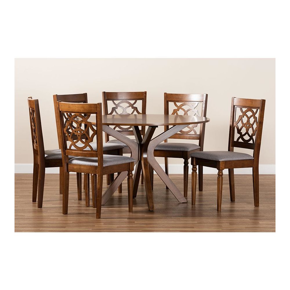 Grey Fabric Upholstered and Walnut Brown Finished Wood 7-Piece Dining Set