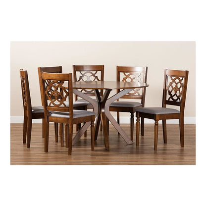 Grey Fabric Upholstered and Walnut Brown Finished Wood 7-Piece Dining Set