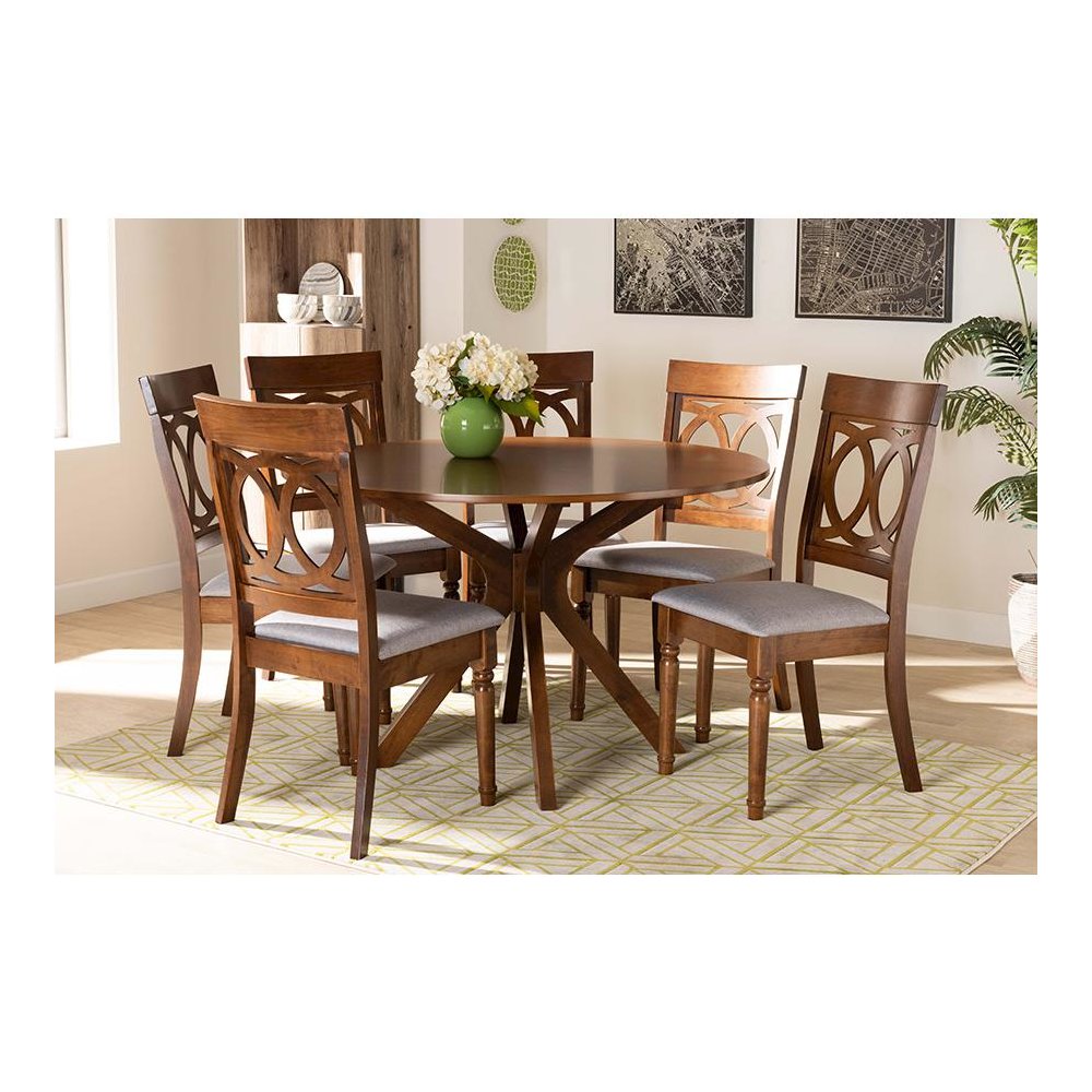 Grey Fabric Upholstered and Walnut Brown Finished Wood 7-Piece Dining Set