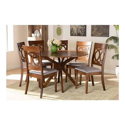 Grey Fabric Upholstered and Walnut Brown Finished Wood 7-Piece Dining Set