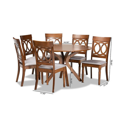 Grey Fabric Upholstered and Walnut Brown Finished Wood 7-Piece Dining Set