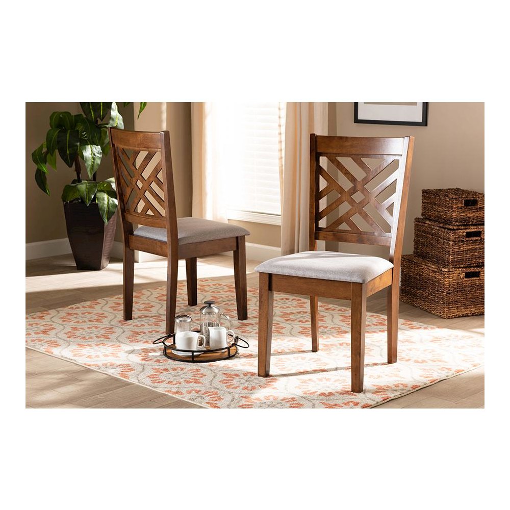 Grey Fabric Upholstered and Walnut Brown Finished Wood 2-Piece Dining Chair Set