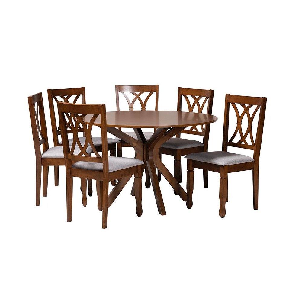 Maya Modern Grey Fabric and Walnut Brown Finished Wood 7-Piece Dining Set