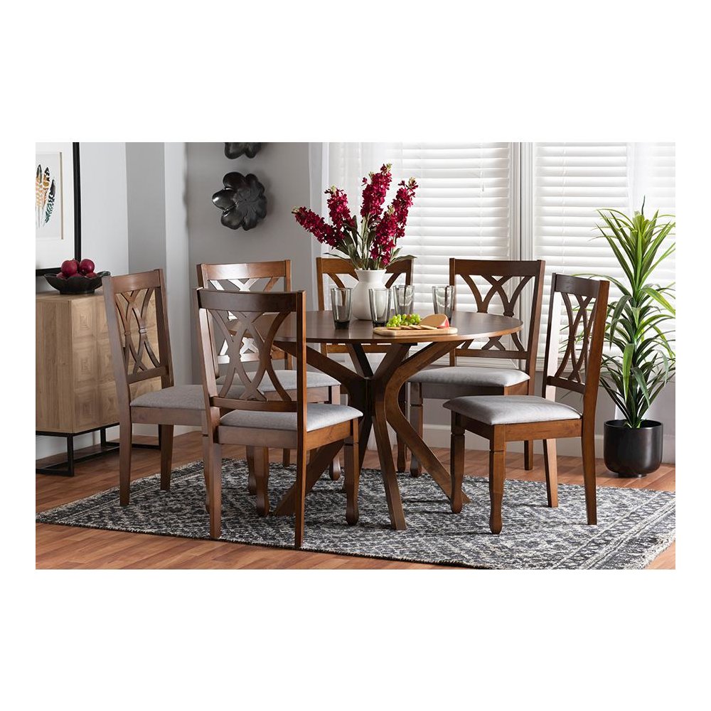 Maya Modern Grey Fabric and Walnut Brown Finished Wood 7-Piece Dining Set