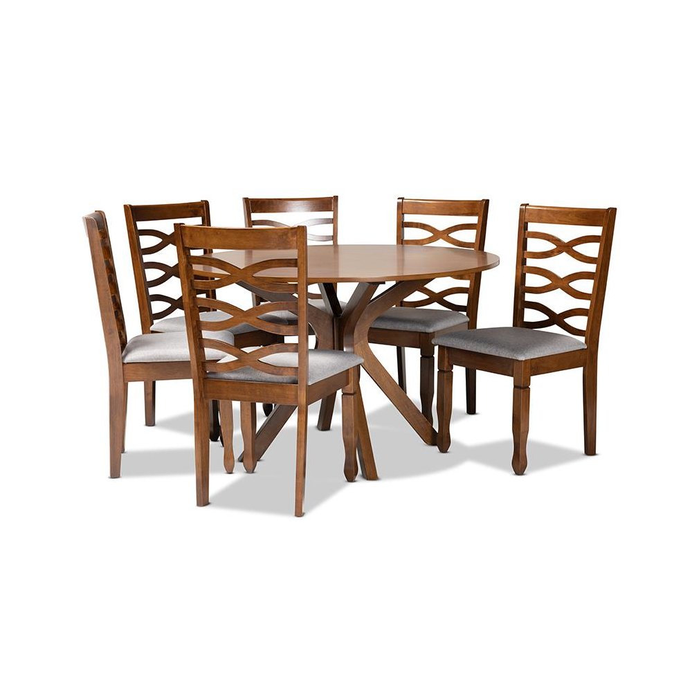 Grey Fabric Upholstered and Walnut Brown Finished Wood 7-Piece Dining Set