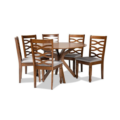 Grey Fabric Upholstered and Walnut Brown Finished Wood 7-Piece Dining Set
