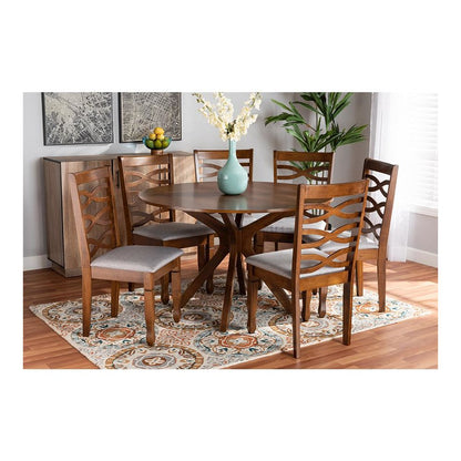 Grey Fabric Upholstered and Walnut Brown Finished Wood 7-Piece Dining Set