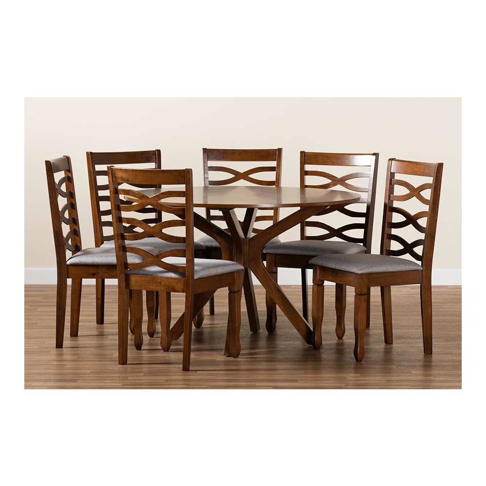 Grey Fabric Upholstered and Walnut Brown Finished Wood 7-Piece Dining Set