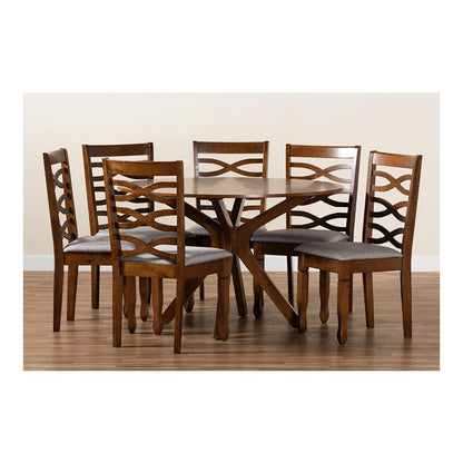Grey Fabric Upholstered and Walnut Brown Finished Wood 7-Piece Dining Set