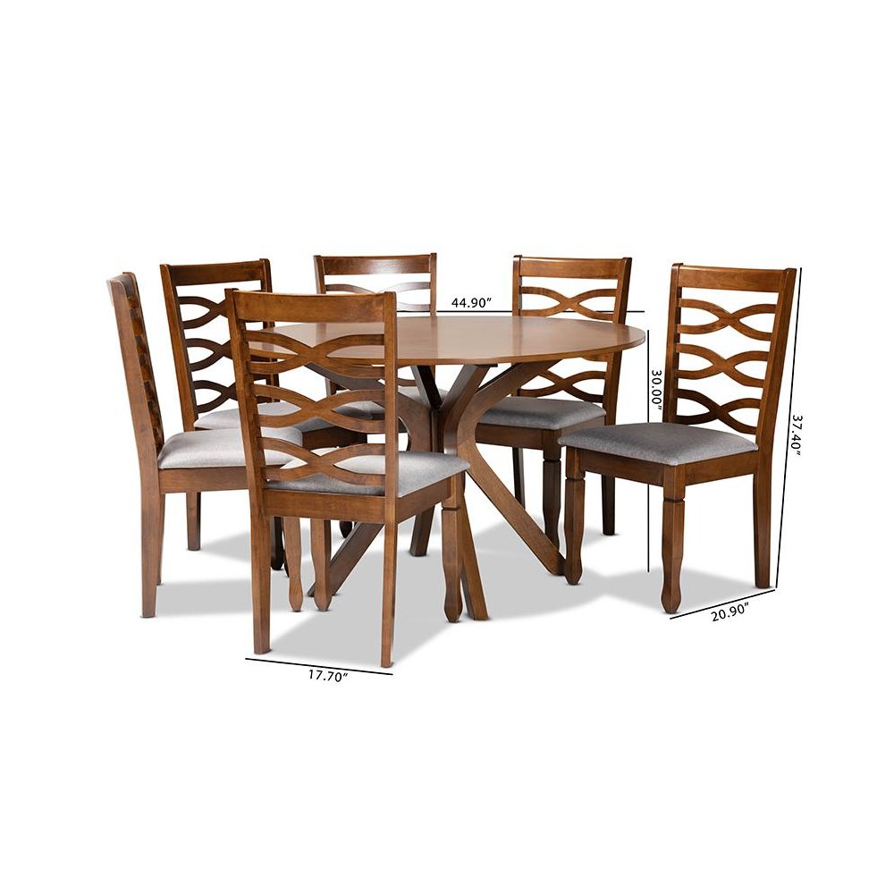 Grey Fabric Upholstered and Walnut Brown Finished Wood 7-Piece Dining Set