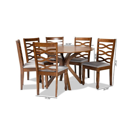 Grey Fabric Upholstered and Walnut Brown Finished Wood 7-Piece Dining Set