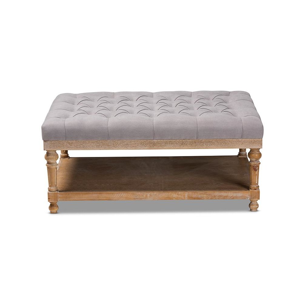 and Rustic Grey Linen Fabric Upholstered and Greywashed Wood Cocktail Ottoman