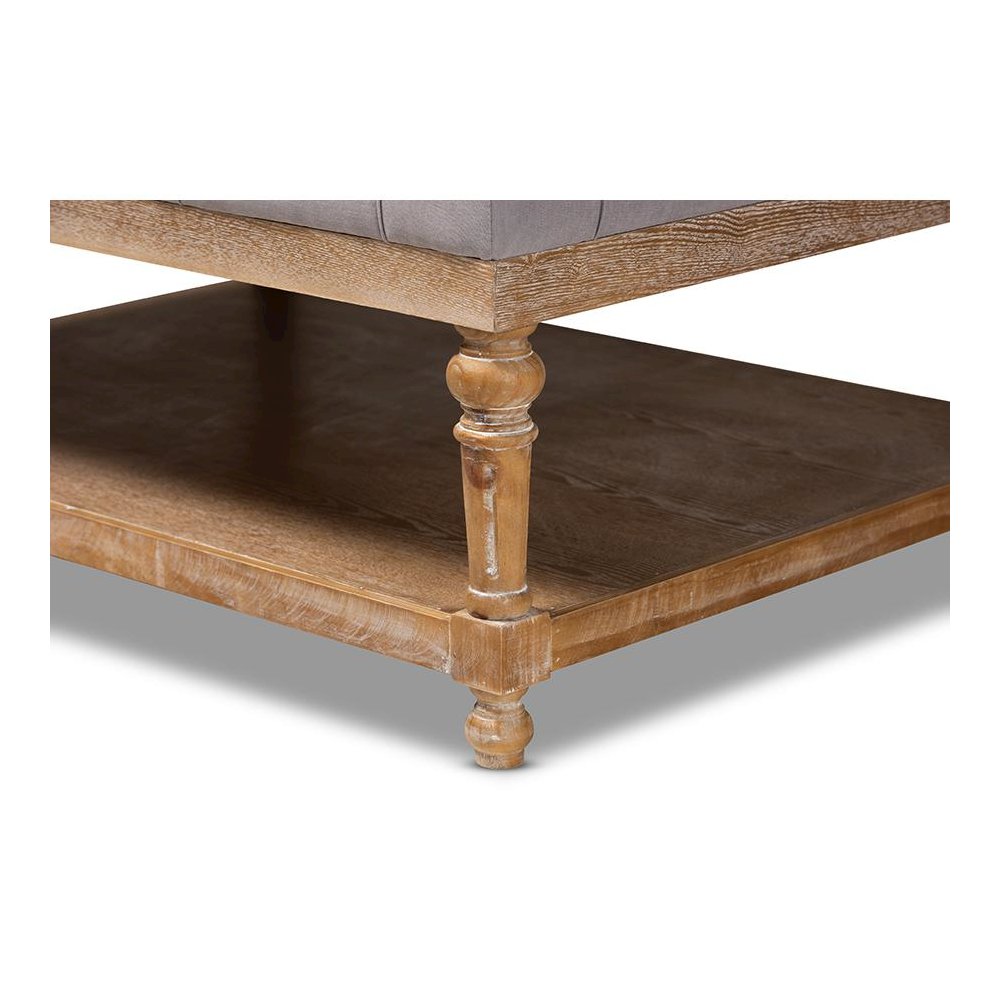 and Rustic Grey Linen Fabric Upholstered and Greywashed Wood Cocktail Ottoman