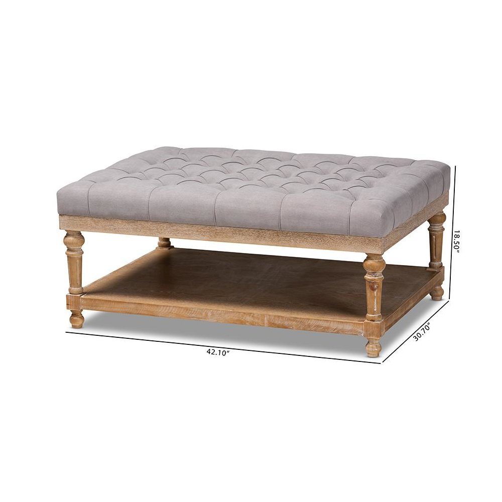 and Rustic Grey Linen Fabric Upholstered and Greywashed Wood Cocktail Ottoman