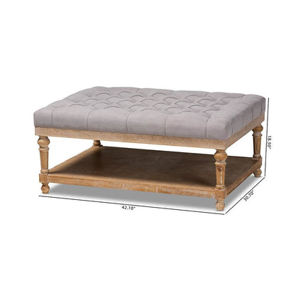 and Rustic Grey Linen Fabric Upholstered and Greywashed Wood Cocktail Ottoman
