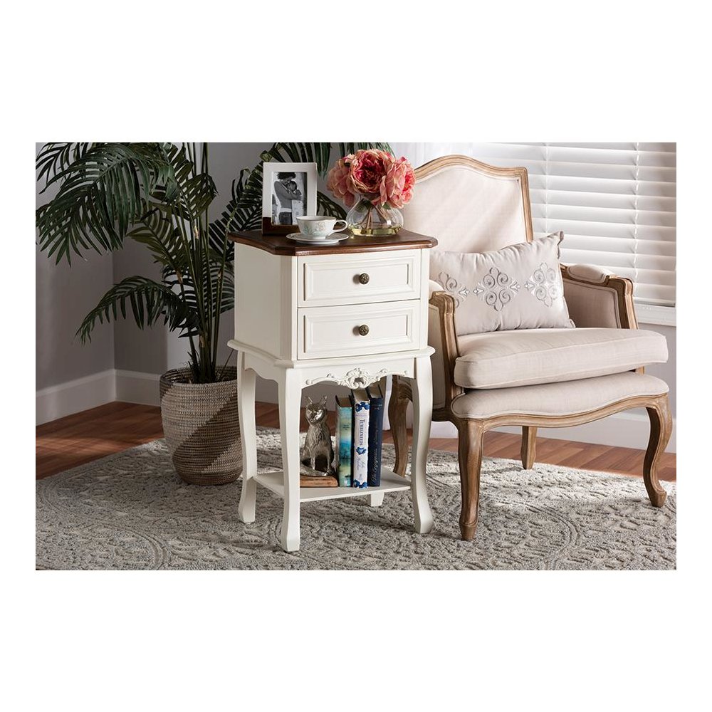 Darla Classic and Traditional French White and Cherry Brown Finished Wood 2-Drawer Nightstand