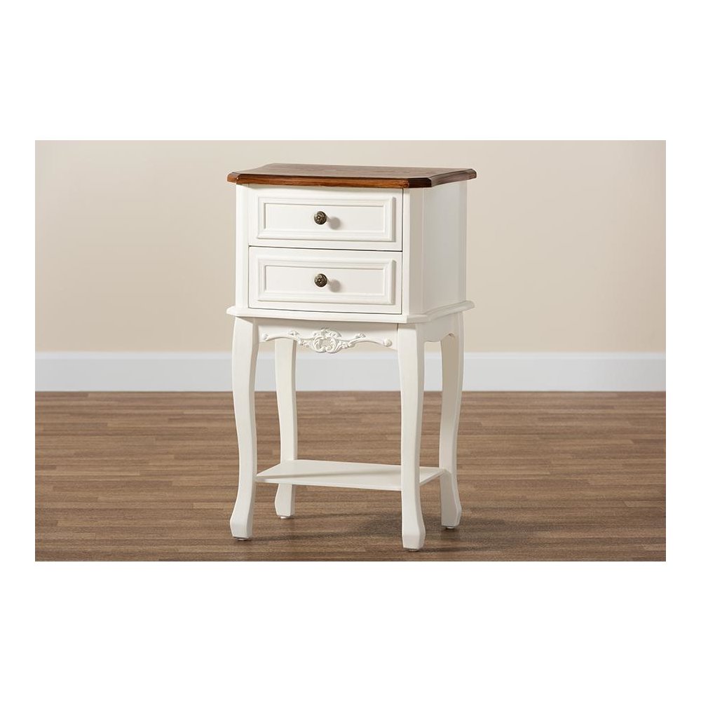 Darla Classic and Traditional French White and Cherry Brown Finished Wood 2-Drawer Nightstand