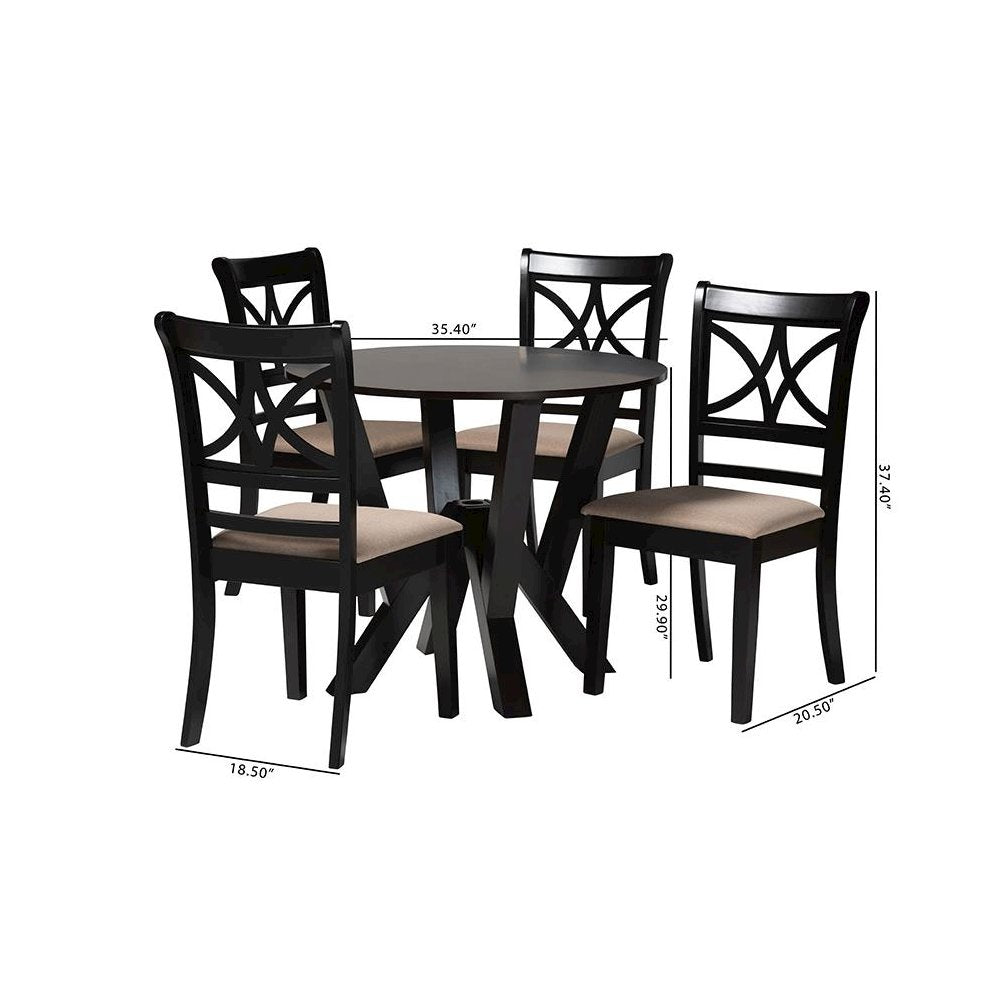 Mari Modern Beige Fabric and Dark Brown Finished Wood 5-Piece Dining Set