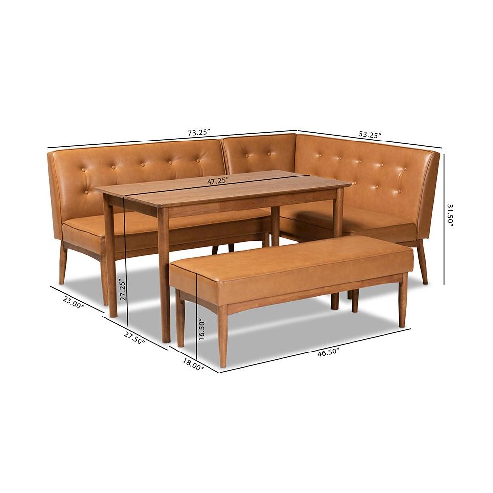 Leather Upholstered and Walnut Brown Finished Wood 4-Piece Dining Nook Set