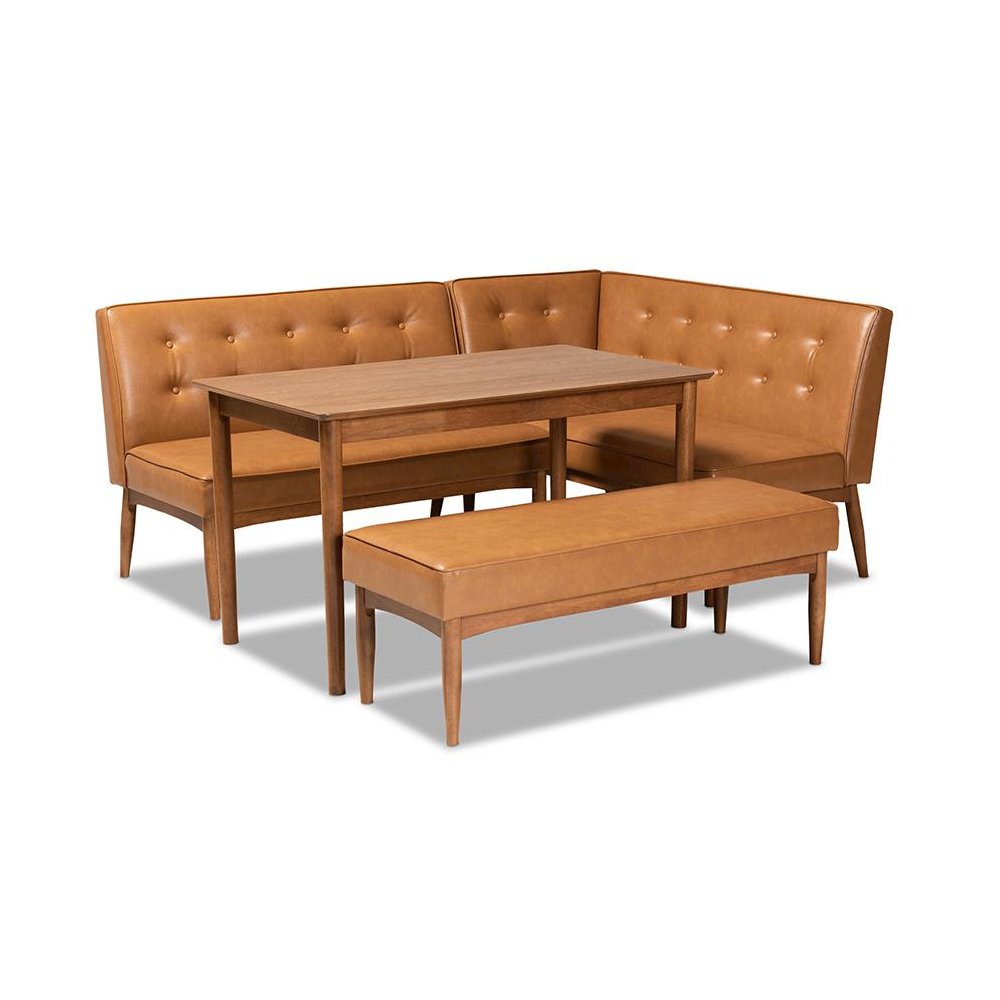 Leather Upholstered and Walnut Brown Finished Wood 4-Piece Dining Nook Set