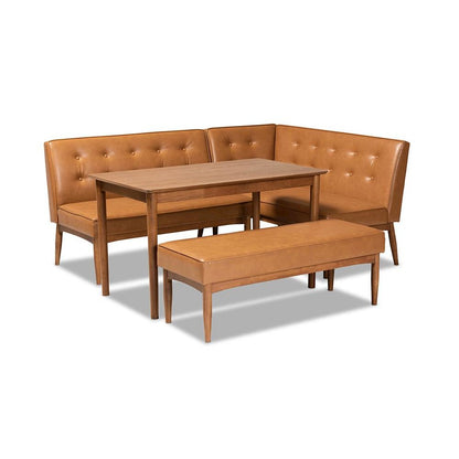 Leather Upholstered and Walnut Brown Finished Wood 4-Piece Dining Nook Set