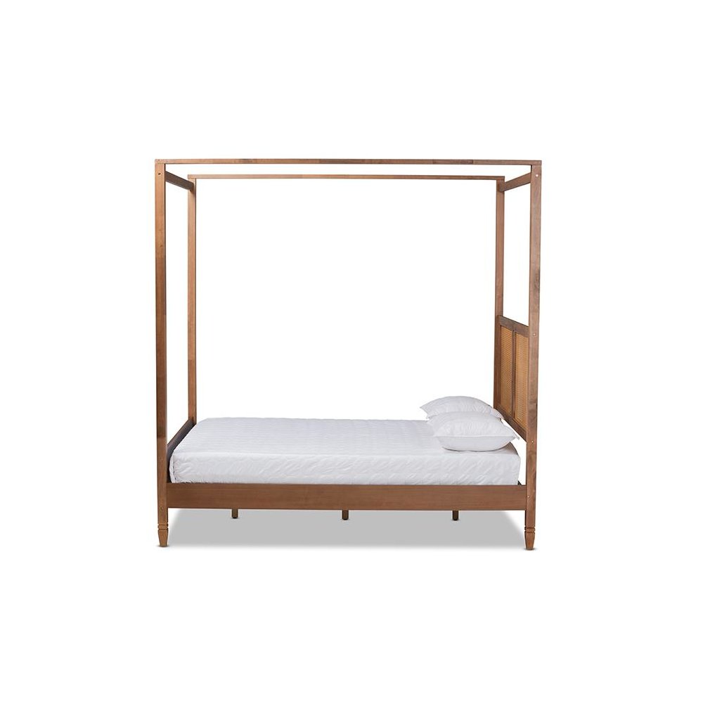 Walnut Brown Finished Wood and Synthetic Rattan Queen Size Canopy Bed