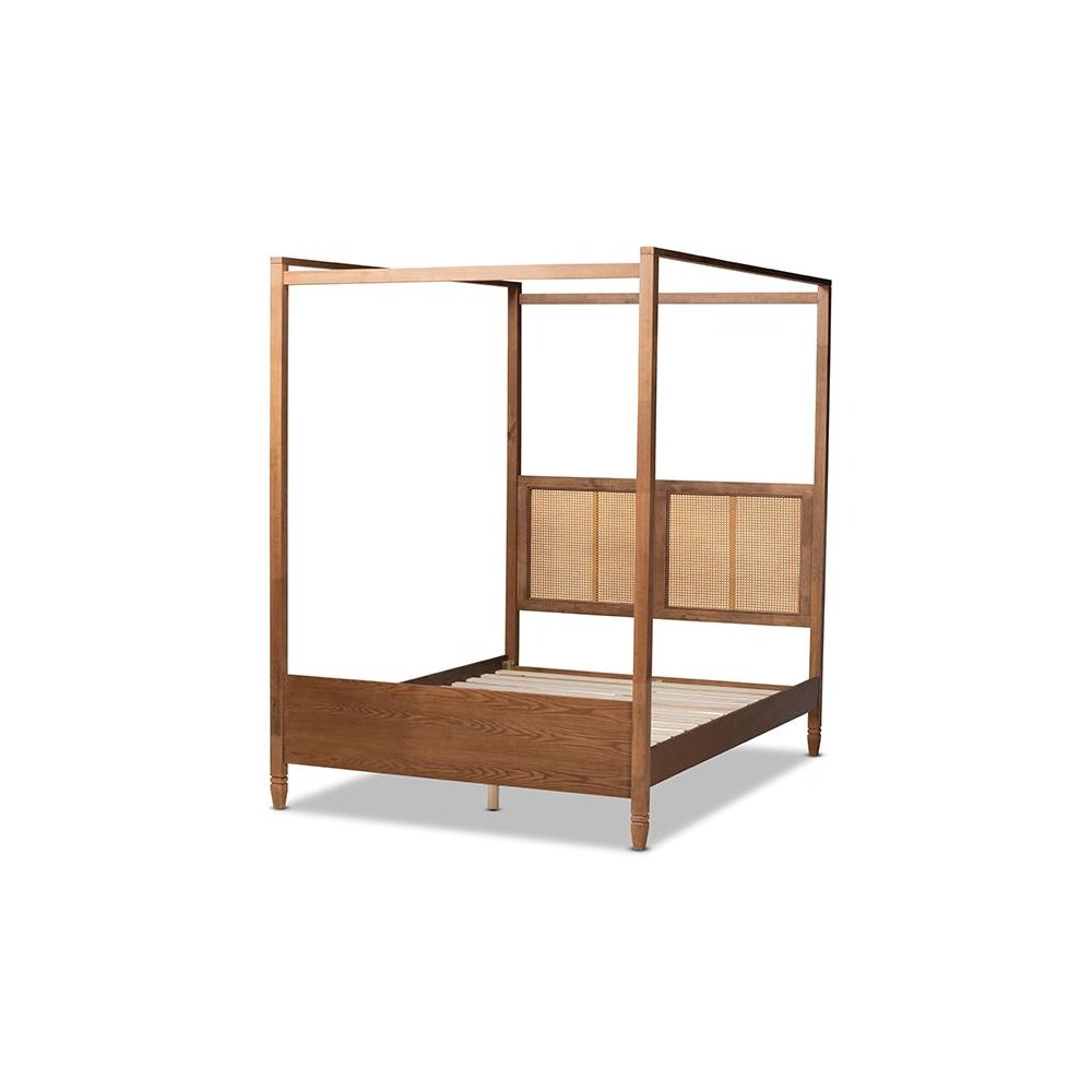 Walnut Brown Finished Wood and Synthetic Rattan Queen Size Canopy Bed