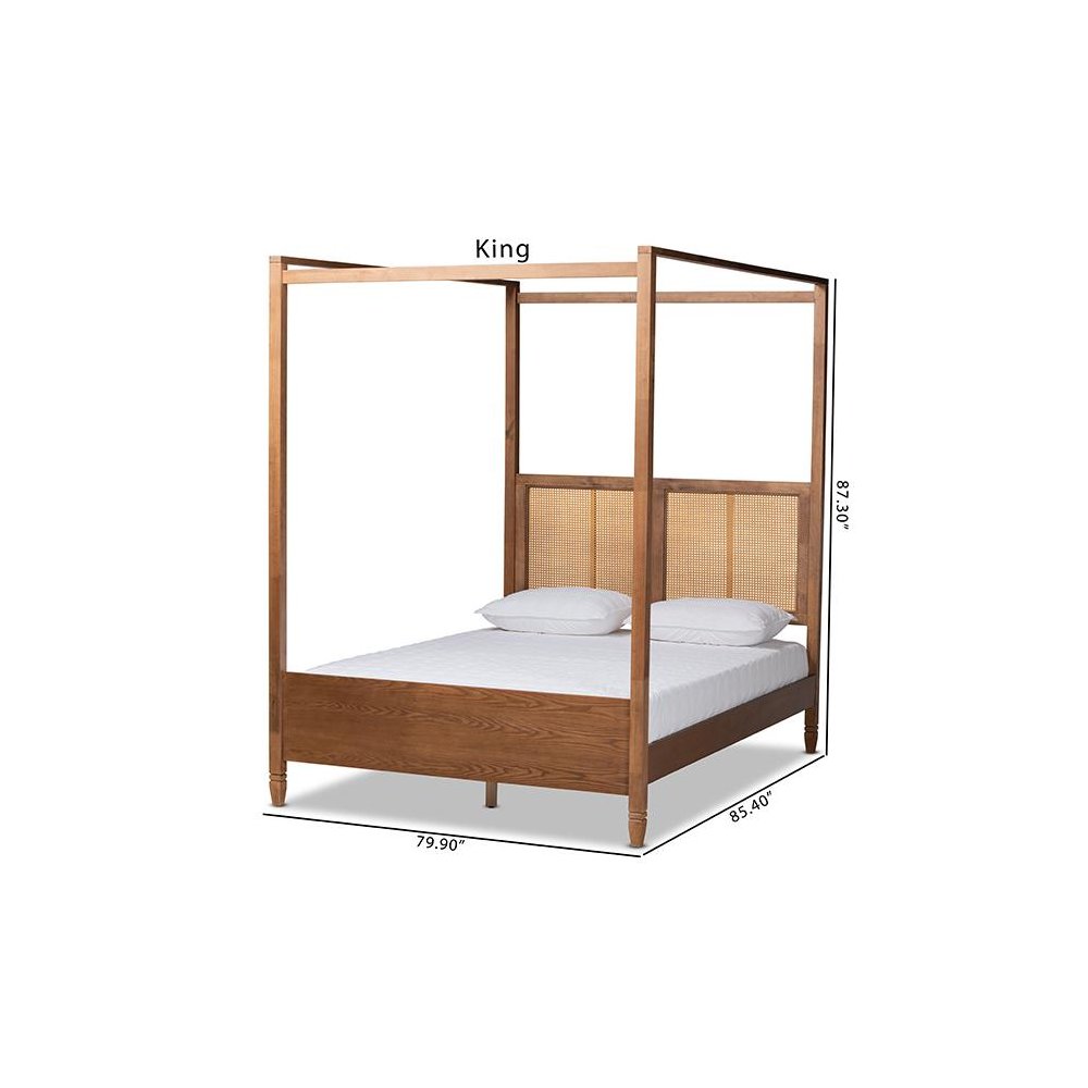 Walnut Brown Finished Wood and Synthetic Rattan Queen Size Canopy Bed