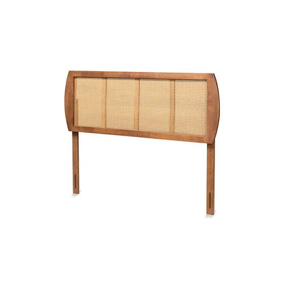 Modern Ash Walnut Finished Wood and Synthetic Rattan Full Size Headboard