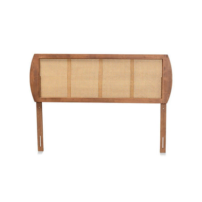 Modern Ash Walnut Finished Wood and Synthetic Rattan Full Size Headboard
