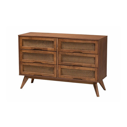 Walnut Brown Finished Wood and Rattan Twin Size 5-Piece Bedroom Set