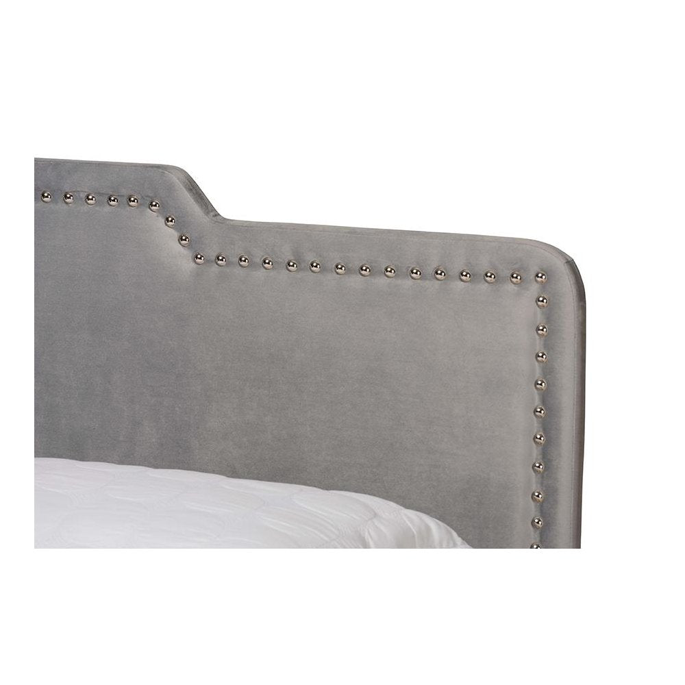 Glam Grey Velvet Fabric Upholstered Queen Size Panel Bed