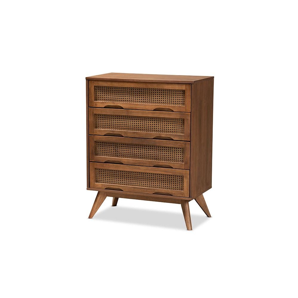 Modern Walnut Brown Finished Wood and Synthetic Rattan 4-Drawer Chest