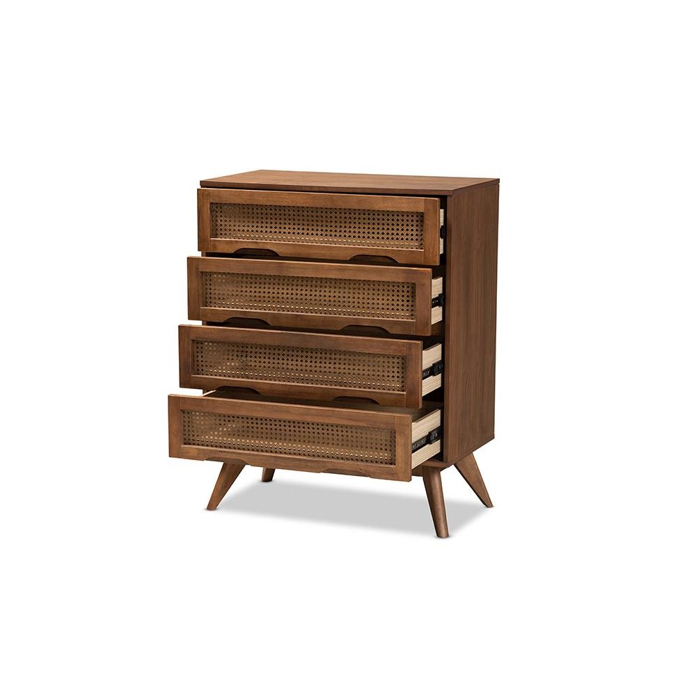 Modern Walnut Brown Finished Wood and Synthetic Rattan 4-Drawer Chest