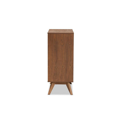 Modern Walnut Brown Finished Wood and Synthetic Rattan 4-Drawer Chest