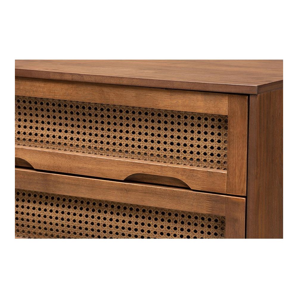 Modern Walnut Brown Finished Wood and Synthetic Rattan 4-Drawer Chest