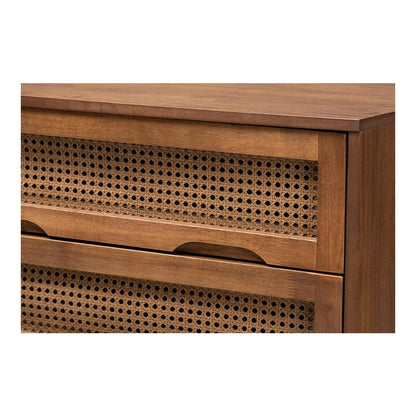 Modern Walnut Brown Finished Wood and Synthetic Rattan 4-Drawer Chest