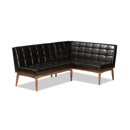 Leather Upholstered Walnut Brown Finished Wood 2-Piece Dining Nook Banquette Set