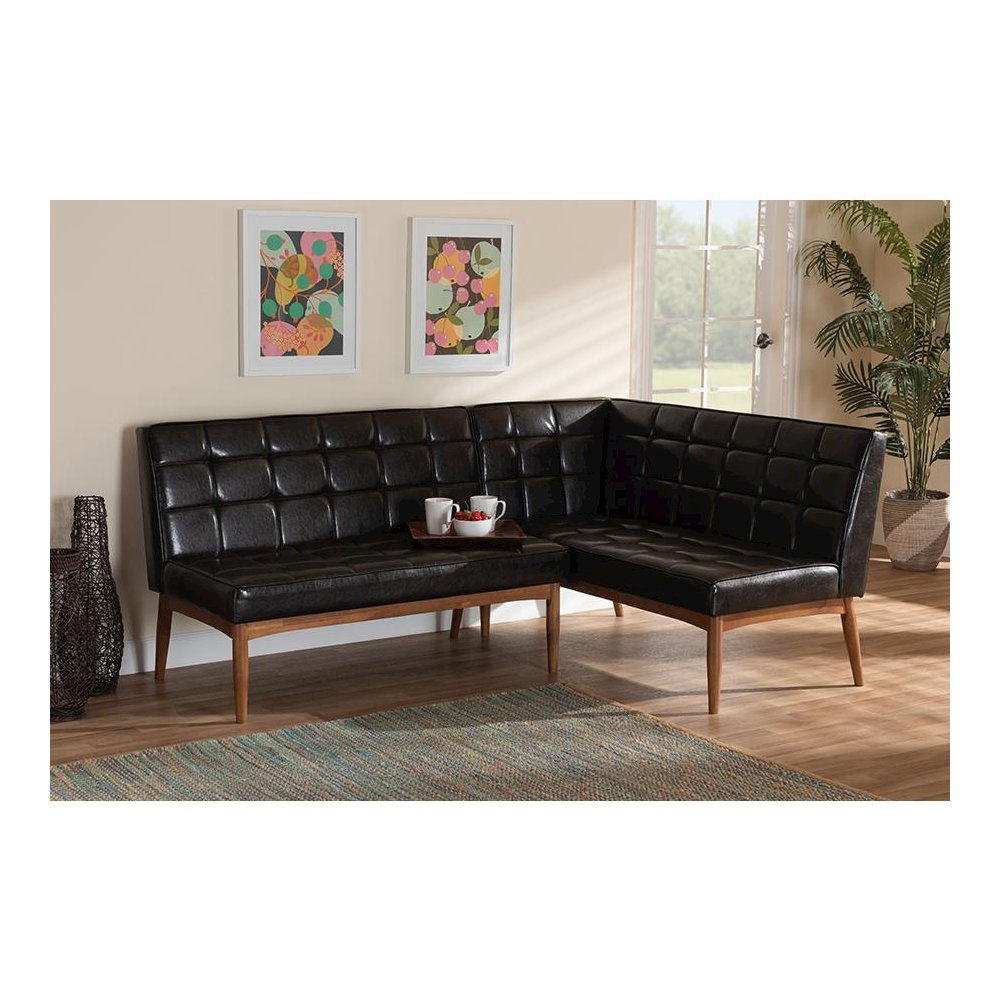 Leather Upholstered Walnut Brown Finished Wood 2-Piece Dining Nook Banquette Set
