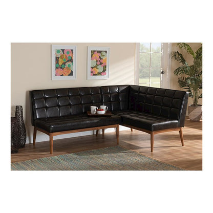 Leather Upholstered Walnut Brown Finished Wood 2-Piece Dining Nook Banquette Set
